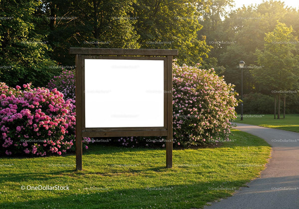 Wooden Board in Park Surrounded by Blooming Pink Flowers JPG Mockup Image