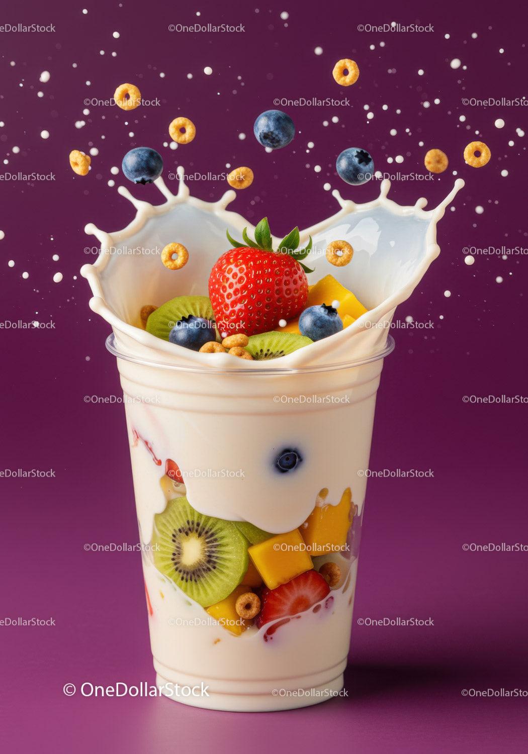 Fresh Fruit and Milk Splash in Clear Plastic Cup