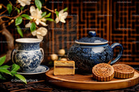 Elegant Blue and White Porcelain Tea Set with Mooncakes and Cake