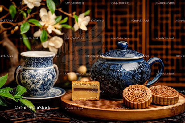 Elegant Blue and White Porcelain Tea Set with Mooncakes and Cake