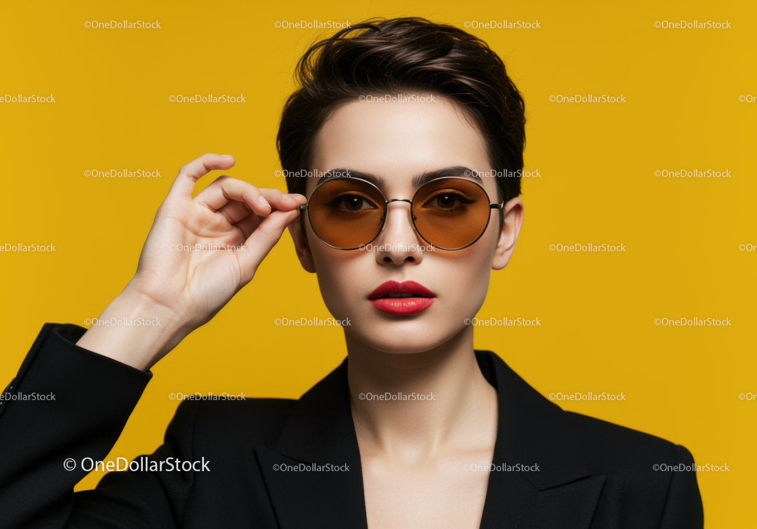 Fashionable Woman Wearing Sunglasses Against Bright Yellow Background