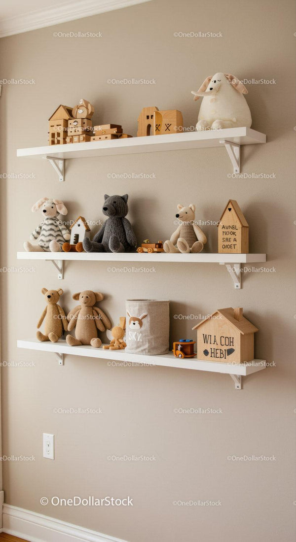 Children’s Plush Toys and Wooden Decorations on Nursery Shelves