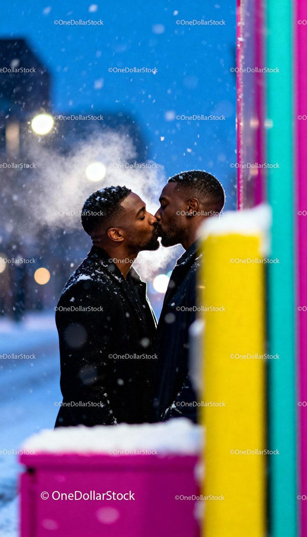Couple sharing a tender kiss on a snowy winter evening