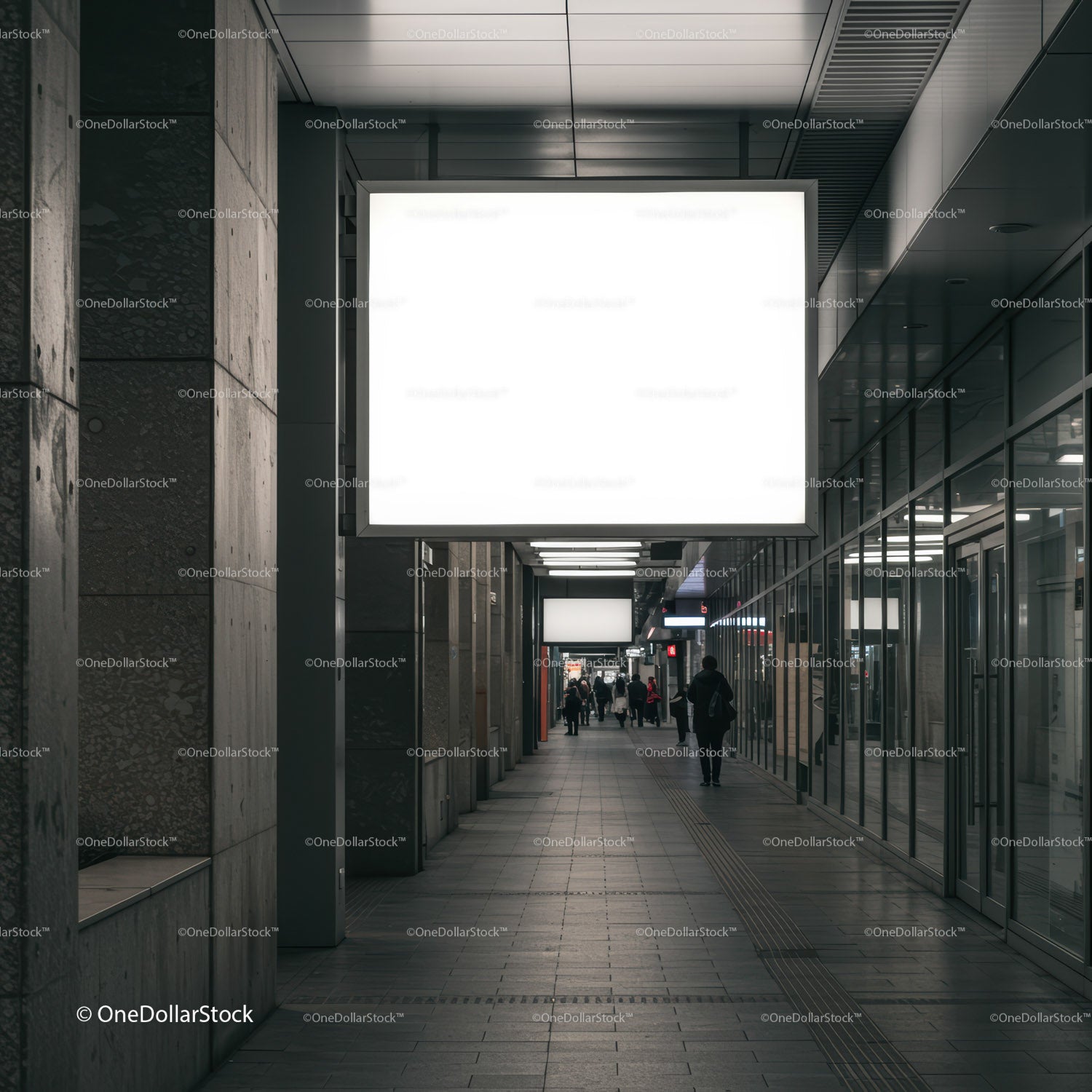 Urban corridor with illuminated blank advertising displays