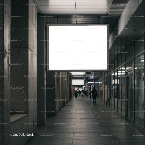 Urban corridor with illuminated blank advertising displays JPG Mockup Image
