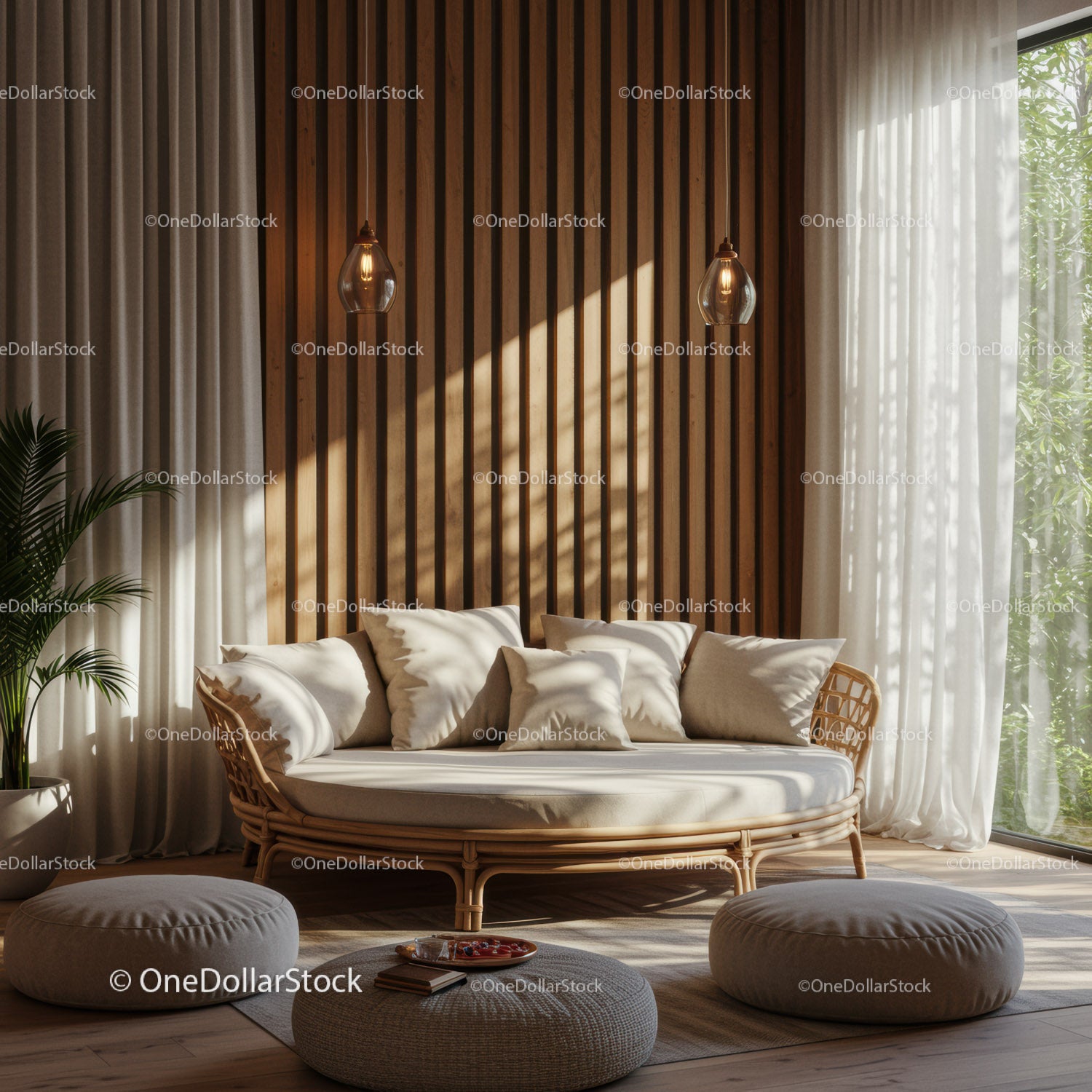Nowoczesny, przytulny salon z sofą rattanową i naturalnym światłem
