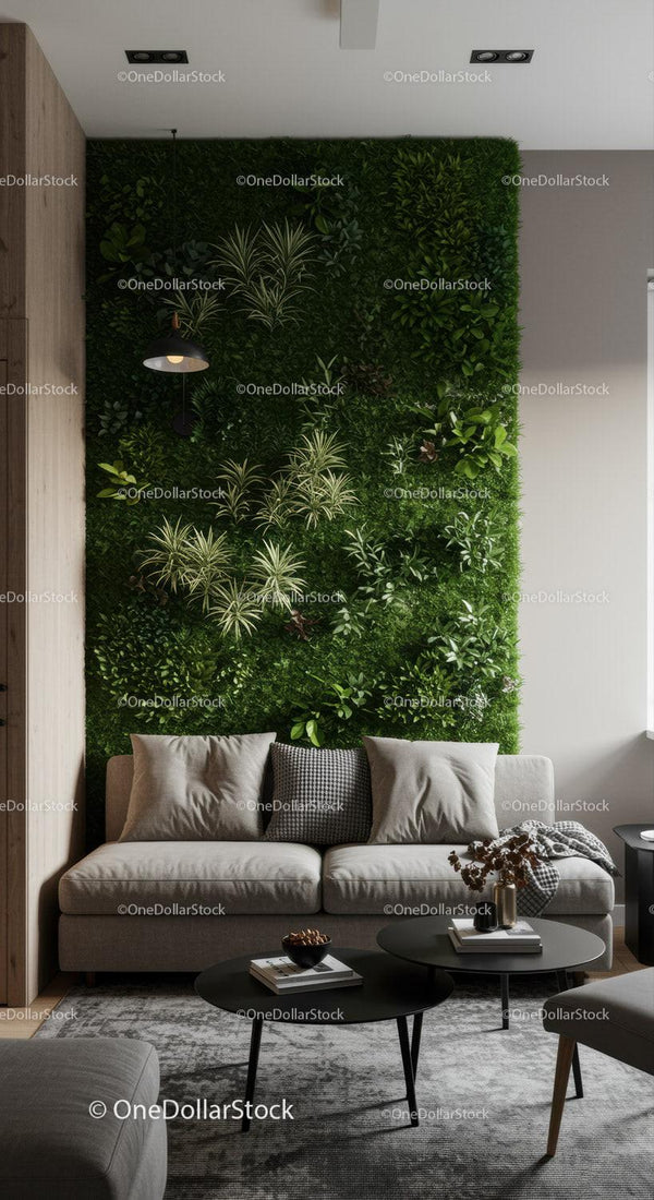 Nowoczesny salon z pionową zieloną ścianą i przytulną sofą