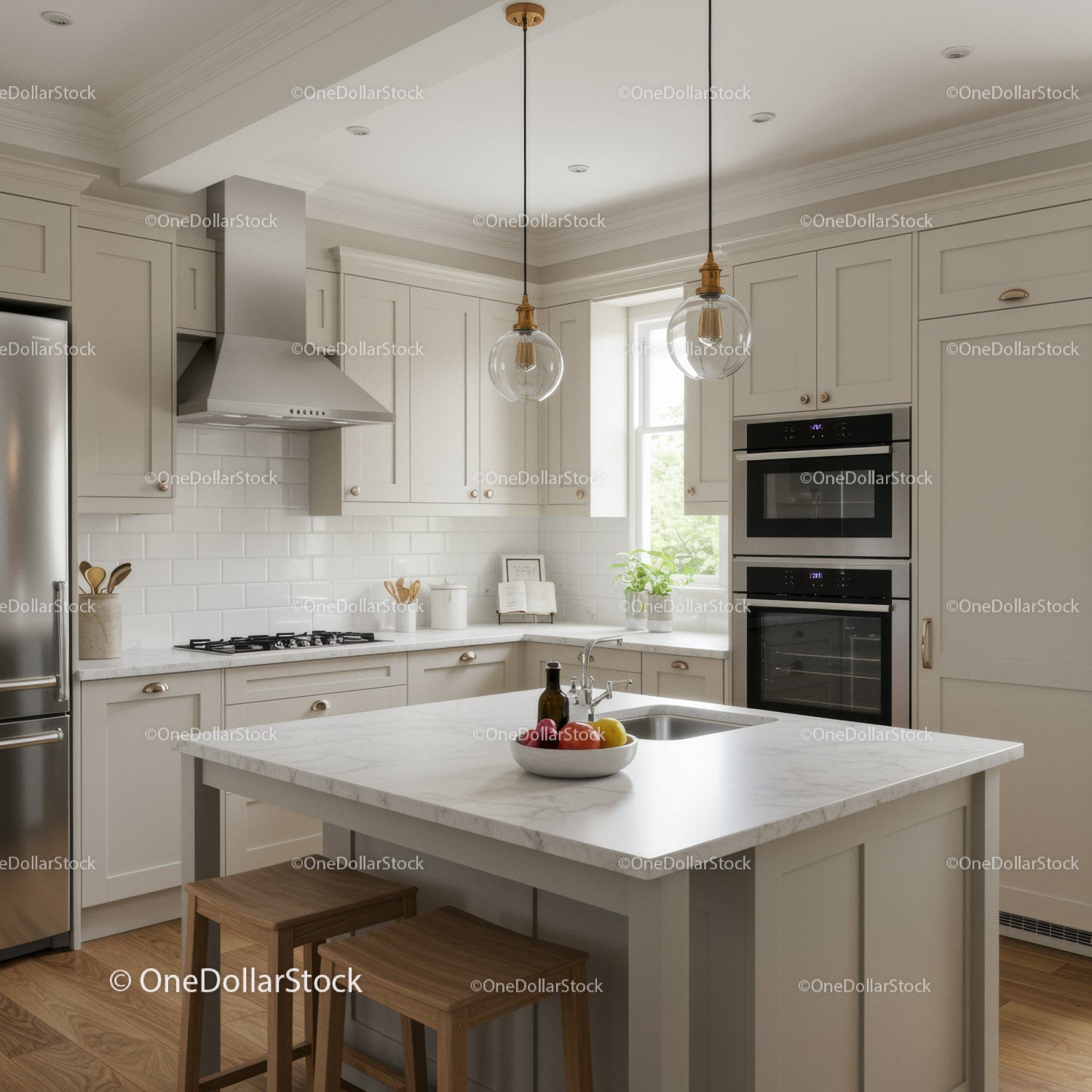 Modern White Kitchen with Marble Countertops and Pendant Lighting