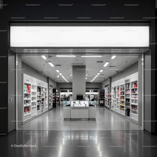 Modern electronics store interior with sleek displays JPG Mockup Image