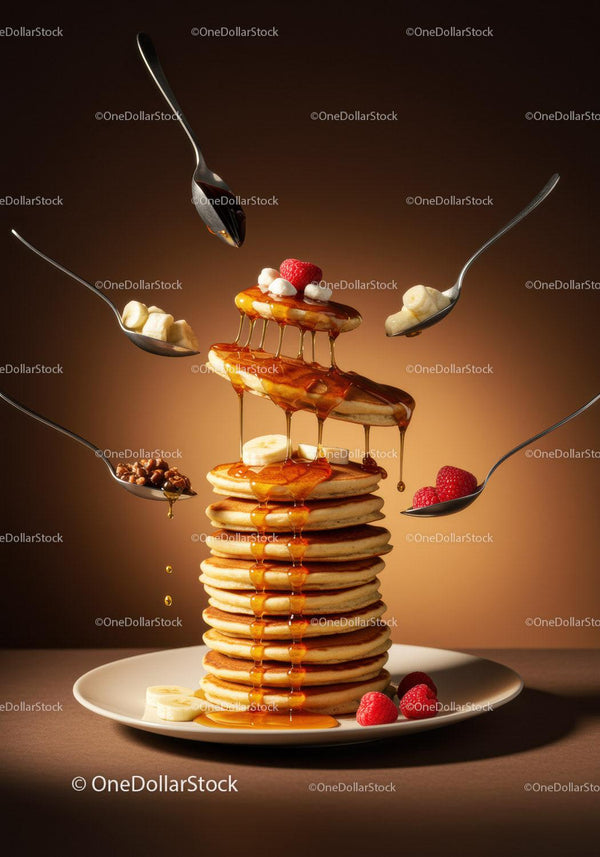 Stack of pancakes with flowing syrup and fresh fruit