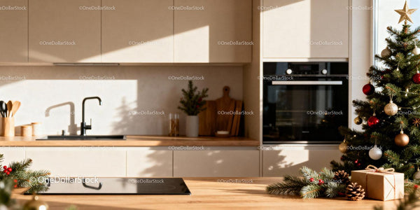 Modern kitchen with Christmas tree and festive decorations