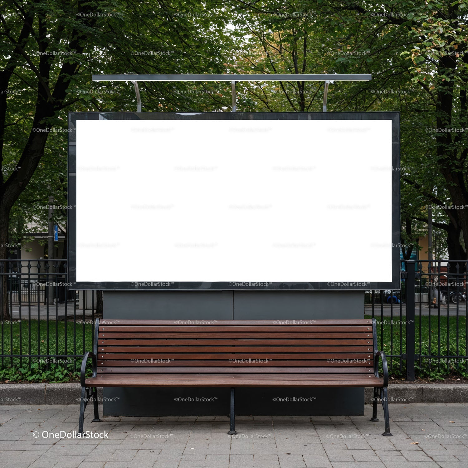 Empty urban bench with large blank billboard outdoors