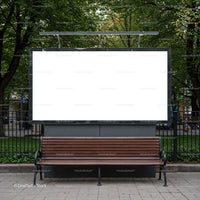 Empty urban bench with large blank billboard outdoors