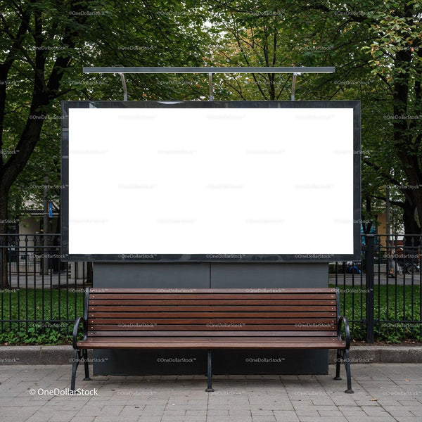 Empty urban bench with large blank billboard outdoors JPG Mockup Image
