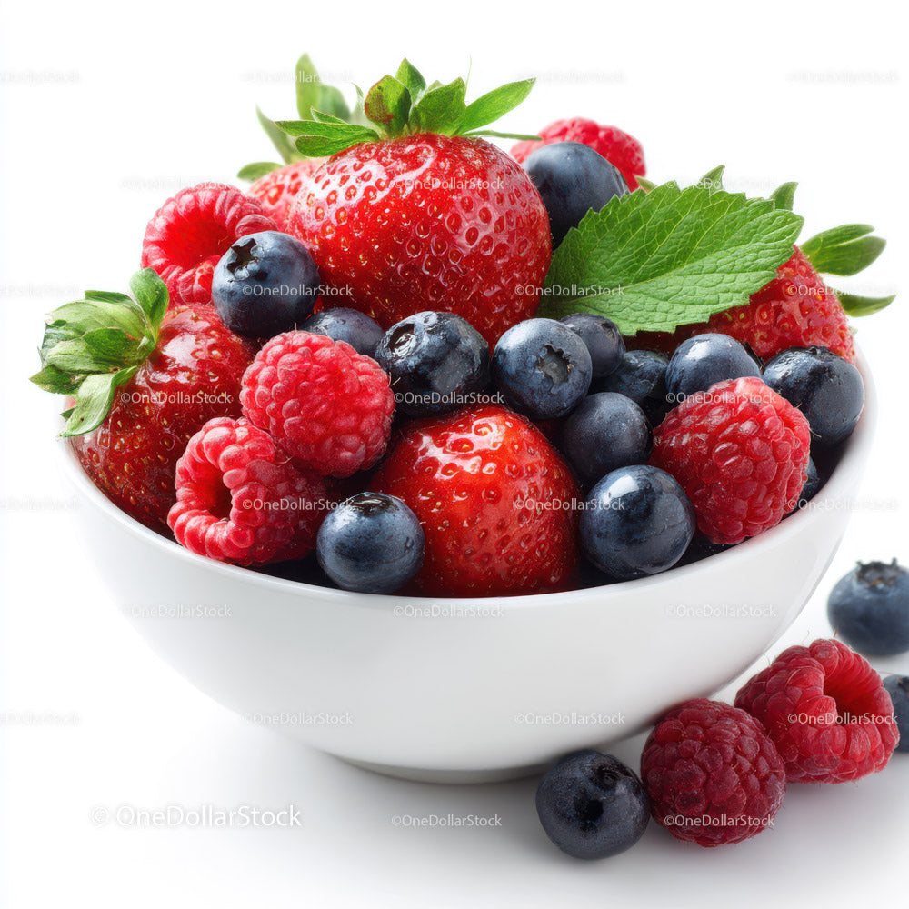 Fresh Mixed Berries in White Bowl with Green Mint Leaves