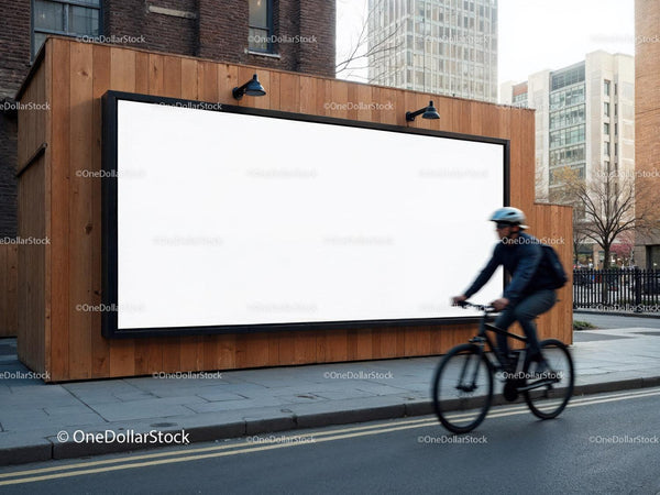 Rowerzysta mijający pusty billboard w miejskim otoczeniu na drewnianej ścianie
