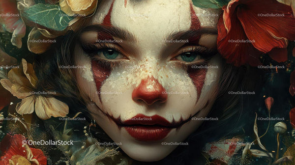 Portrait Of Woman With Clown Makeup And Floral Headpiece