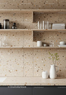Stylish Modern Kitchen with Terrazzo Backsplash and Open Shelving