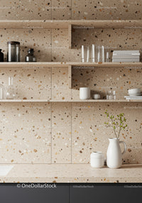 Stylish Modern Kitchen with Terrazzo Backsplash and Open Shelving