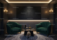 Cozy modern seating area with celestial artwork