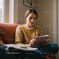 Young Woman Reading Tablet in Cozy Home Interior