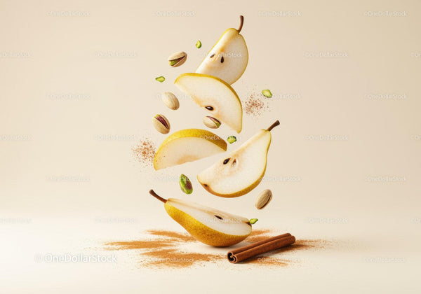 Fresh pear slices with pistachios and cinnamon sticks