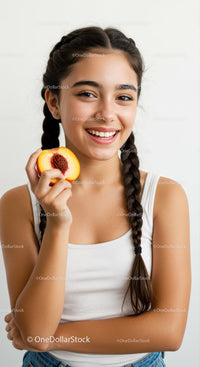 Smiling Teen Girl Holding Fresh Peach with Bright Happy Expression