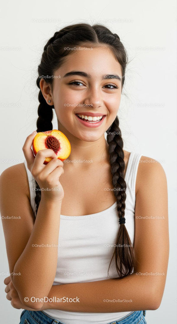 Smiling Teen Girl Holding Fresh Peach with Bright Happy Expression