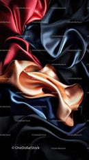 Elegant Satin Fabric in Red Blue and Gold with Flowing Texture