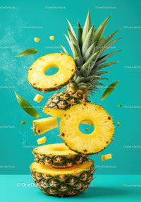 Fresh pineapple slices levitating on turquoise background