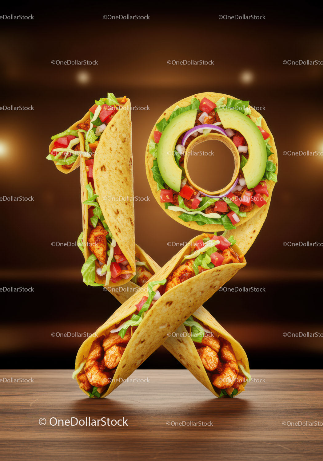 Creative Number 19 Made From Mexican Tacos on Wooden Table