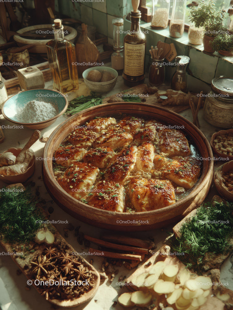 Rustic Kitchen with Glazed Chicken and Fresh Herbs
