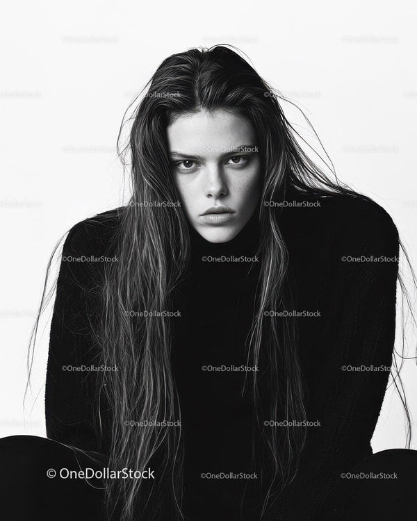 Monochrome Portrait of a Young Woman with Long Wet Hair