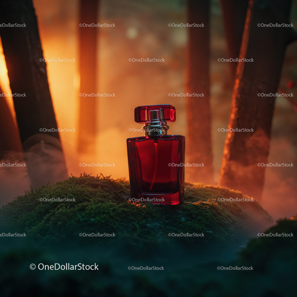 Czerwony szklany flakon na perfumy w mistycznym otoczeniu lasu