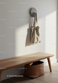 Minimalist Hallway with Wooden Bench and Fabric Tote Bag
