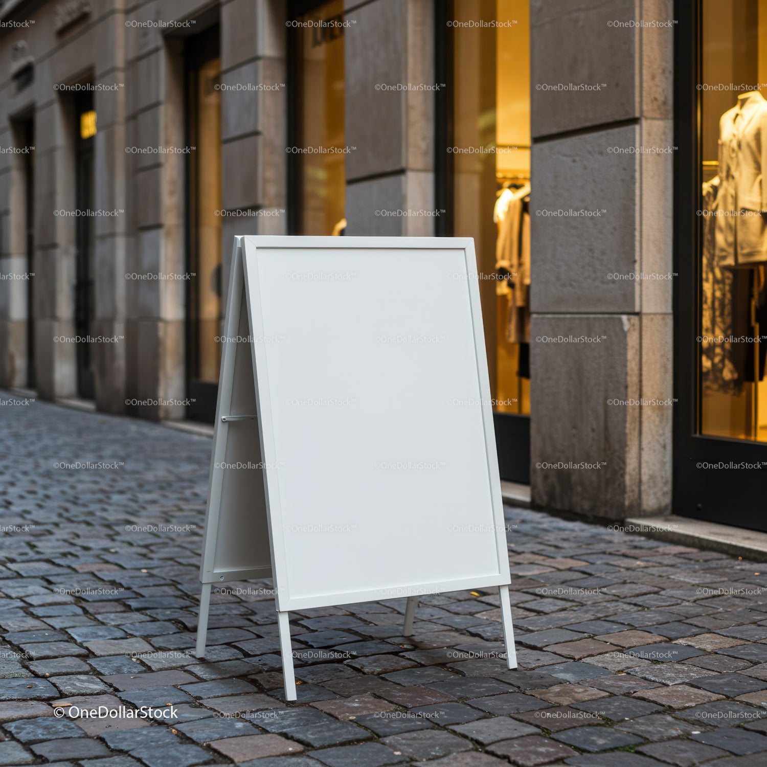 Blank white sandwich board sign on cobblestone street