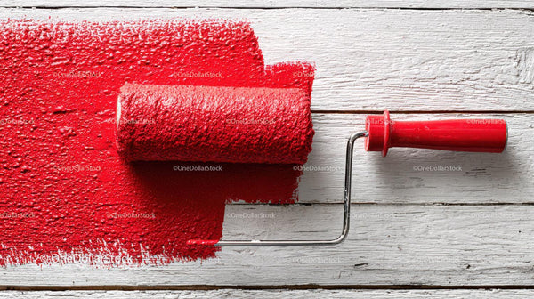 Red Paint on Wooden Surface with Roller in Background