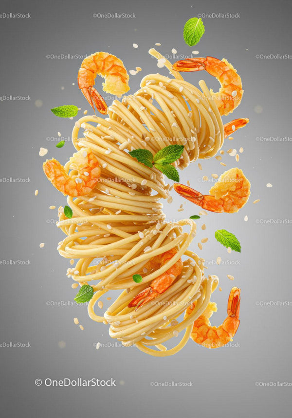 Fresh spaghetti with shrimp and herbs in motion