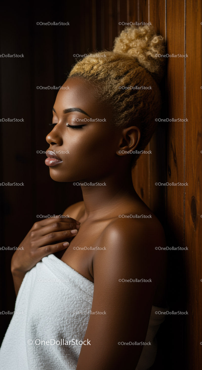 Portret eleganckiej młodej czarnoskórej kobiety z kręconymi blond włosami i ręcznikiem
