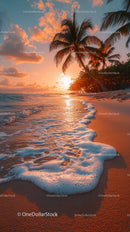 Beautiful Tropical Beach Sunset with Palm Trees and Calm Waves