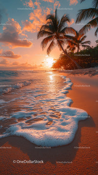 Beautiful Tropical Beach Sunset with Palm Trees and Calm Waves
