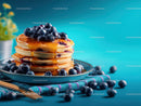 Stack of Fluffy Pancakes with Blueberries and Syrup on Blue Background