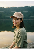 Young Woman in Green Dress and Cap Enjoying Lakeside View