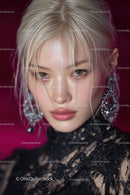 Elegant Woman with Platinum Blonde Hair and Blue Eyes in Fashion Portrait
