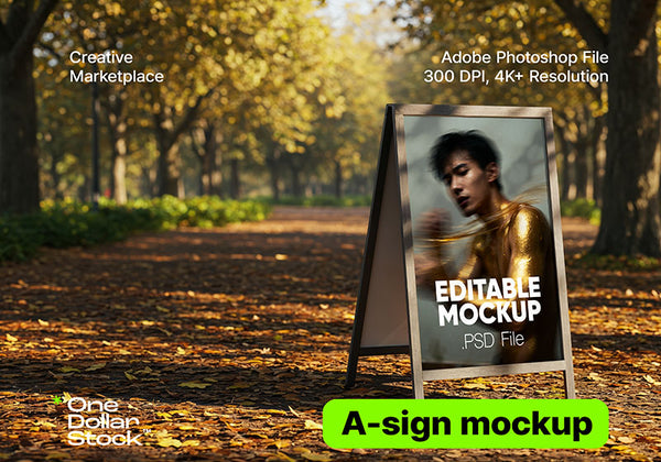 A-board in autumn park mockup Mockup PSD