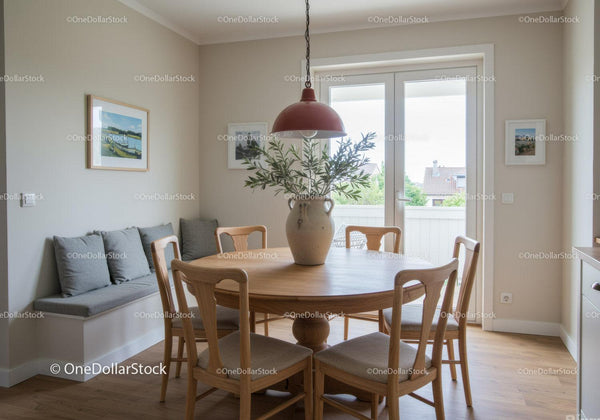 Cozy dining nook with wooden table and natural light