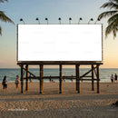 Blank Billboard on Beach at Sunset with People Strolling