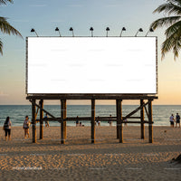 Blank Billboard on Beach at Sunset with People Strolling