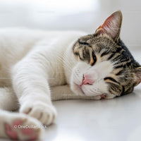 Sleepy tabby cat resting on white surface in soft light