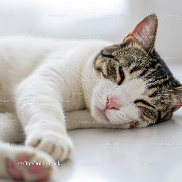 Sleepy tabby cat resting on white surface in soft light